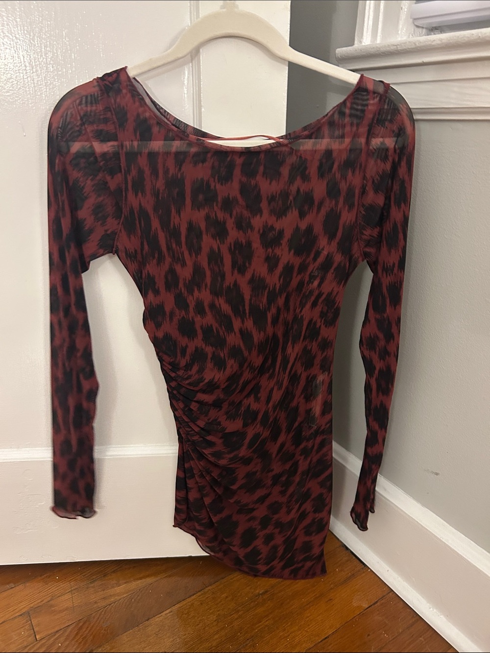 Women's Red Leopard Print Long-Sleeve Sheer Top